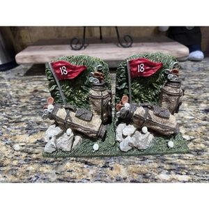 Vintage Hand-Painted Resin Golf Bookends, Golfer 18 Hole Club Ball Bag